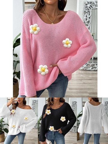 Maglione Donna con Fiori all'Uncinetto Spalle Scoperte Manica a Campana Top in Maglia Dolce Margherite 3D Maglione Largo