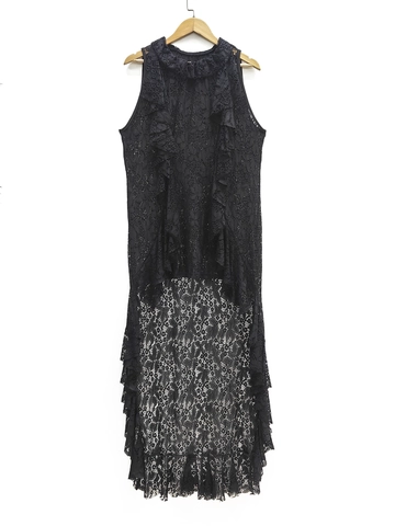 Abito Maxi High-Low in Pizzo Nero Gotico Donna Taglie Forti Senza Maniche con Volant Elegante Gown da Sera