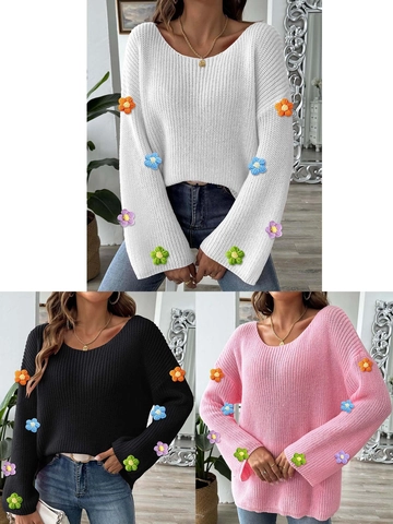 Women Floral Crochet Patchwork Sweater Boat Neck Off Shoulder Flare Sleeve Loose Knit Top Pullover Jumpers