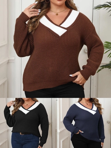 Pull en Maille Femme Grande Taille Color Block Col en V Décontracté Ample Manches Longues Automne Hiver