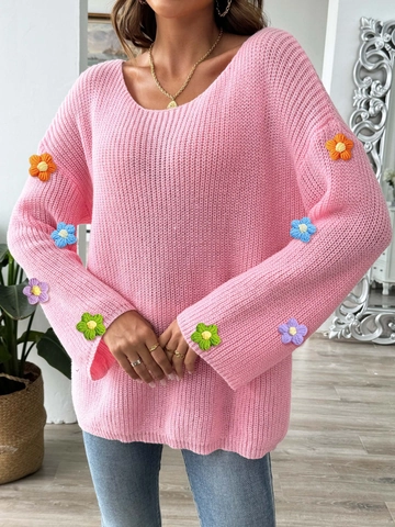 Women Floral Crochet Patchwork Sweater Boat Neck Off Shoulder Flare Sleeve Loose Knit Top Pullover Jumpers