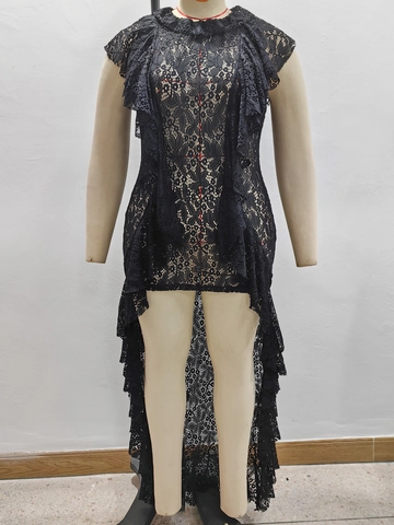 Abito Maxi High-Low in Pizzo Nero Gotico Donna Taglie Forti Senza Maniche con Volant Elegante Gown da Sera
