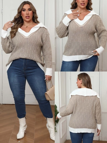 Plus Size Women's Color Block V-Neck Cable Knit Sweater Long Sleeve Lapel Contrast Splicing Casual Pullover Top