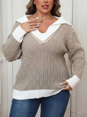 Mujer Talla Grande Suéter Patchwork Color Contraste Punto de Ocho Cuello en V Holgado Cuello Vuelto Falso Dos Piezas Punto