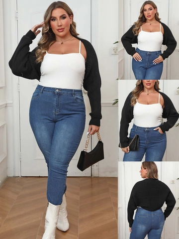 Plus Size Damen Schwarz Gerippter Strick Bolero Offene Front Cardigan Langarm Crop Top Casual Lagenlook Strickjacke Pullover