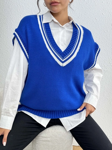 Women's Preppy Style V-Neck Knitted Sweater Vest Contrast Stripe Sleeveless Acrylic Pullover Casual Academic Knitwear Top
