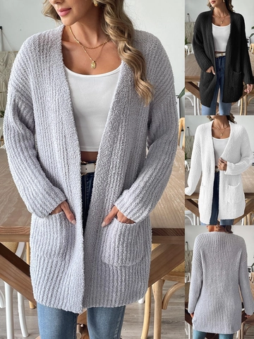 Gilet Décontracté en Maille Épaisse pour Femmes Ouverture Frontale Coupe Mi-longue avec Poches Couleur Unie Manteau Tricot