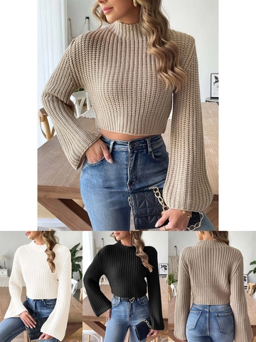 Pull en Maille Court pour Femmes Col Montant Manches Cloche Pullover Couleur Unie Gros Tricot Jumper Automne Hiver Haut