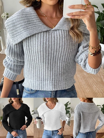Suéter de Punto para Mujer Con Solapa Grande Corto Acanalado de Manga Larga Otoño Invierno Casual Ropa de Calle