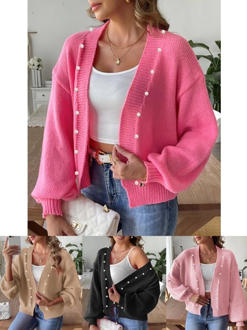 Women Casual Artificial Pearl Beaded Knit Cardigan Loose V Neck Long Sleeve Chunky Knit Sweater Jacket For Autumn Winter Daily Wear