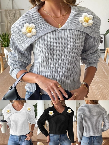 Suéter Corto para Mujer con Flores de Ganchillo y Solapa Grande Pullover de Manga Larga de Punto de Canalé Streetwear Otoño Invierno
