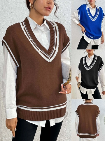 Dames Preppy Stijl Gebreide Spencer V Hals Contraststrepen Mouwloze Trui Met Kunstparelversiering