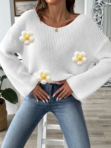 Maglione Donna con Fiori all'Uncinetto Spalle Scoperte Manica a Campana Top in Maglia Dolce Margherite 3D Maglione Largo