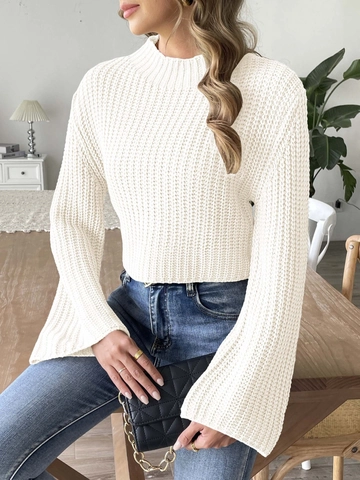 Pull en Maille Court pour Femmes Col Montant Manches Cloche Pullover Couleur Unie Gros Tricot Jumper Automne Hiver Haut