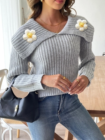 Suéter Corto para Mujer con Flores de Ganchillo y Solapa Grande Pullover de Manga Larga de Punto de Canalé Streetwear Otoño Invierno