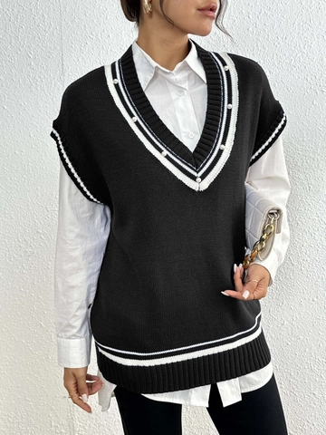 Dames Preppy Stijl Gebreide Spencer V Hals Contraststrepen Mouwloze Trui Met Kunstparelversiering