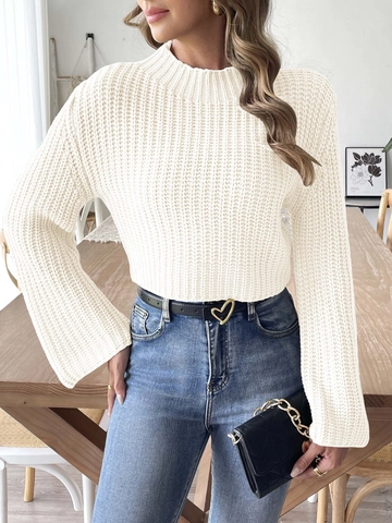 Women's Bell Sleeve Mock Neck Cropped Sweater Ribbed Knit Long Sleeve Pullover Basic Solid Color Streetwear Top