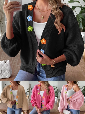 Women Faux Deer Velvet Knit Cardigan Hand Crochet Floral Patchwork Sweater Lantern Sleeve V-Neck Short Top Streetwear