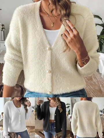 Cardigan in Maglia da Donna in Pelliccia di Visone Sintetica Scollo a V Bottoni in Perla Artificiale Manica Lunga Tinta Unita Maglione Caldo Top