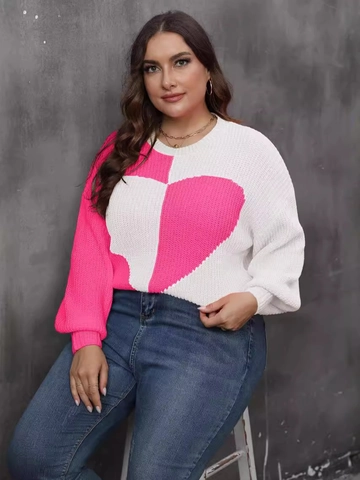 Suéter de Punto Talla Grande Mujer Bloques de Color Corazón Patchwork Casual Manga Larga Cuello Redondo Rosa Blanco