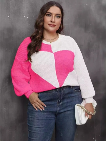 Suéter de Punto Talla Grande Mujer Bloques de Color Corazón Patchwork Casual Manga Larga Cuello Redondo Rosa Blanco