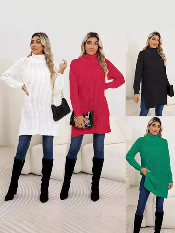 Pull Femme Décontracté à Col Roulé Long en Tricot avec Fente Latérale Oversize Pullover Tunique Grosse Maille Automne Hiver Chaud