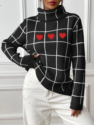 Maglione in Maglia a Collo Alto a Quadri da Donna Con Ricamo a Cuore Colore a Contrasto Pullover Casual Autunno Inverno