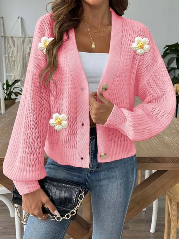 Women's V-Neck 3D Daisy Flower Patchwork Knit Cardigan Casual Loose Long Sleeve Button Down Sweater Top