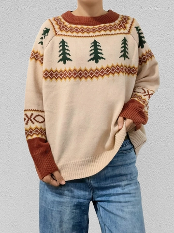 Maglione da Donna Casual in Maglia con Jacquard di Albero di Natale Vintage Girocollo Manica Lunga Pullover