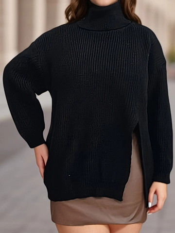 Maglione Donna Taglie Forti Collo Alto Casual Manica Lunga Spacco Laterale Nero Tinta Unita Pullover per Autunno Inverno