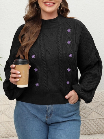 Suéter de Talla Grande para Mujer de Punto de Ocho Cuello Alto Manga Linterna Bordado Floral Aplique Pullover Casual Top