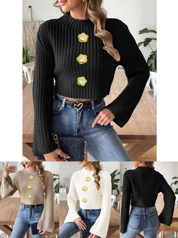 Pull Court en Tricot pour Femmes Manches Évasées Top Court avec Décoration de Tournesol au Crochet Pull Décontracté