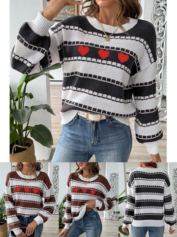 Pull en Maille à Rayures pour Femmes Col Rond Broderie Cœur Pull Manches Longues Couleur Contrastée Top Décontracté
