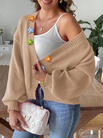 Women Faux Deer Velvet Knit Cardigan Hand Crochet Floral Patchwork Sweater Lantern Sleeve V-Neck Short Top Streetwear