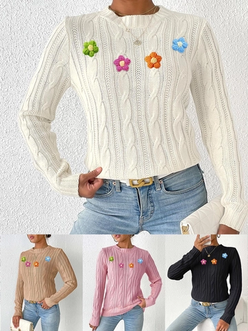 Suéter de Punto de Ocho para Mujer Con Flores de Ganchillo Cuello Redondo Manga Larga Pullover Casual Streetwear