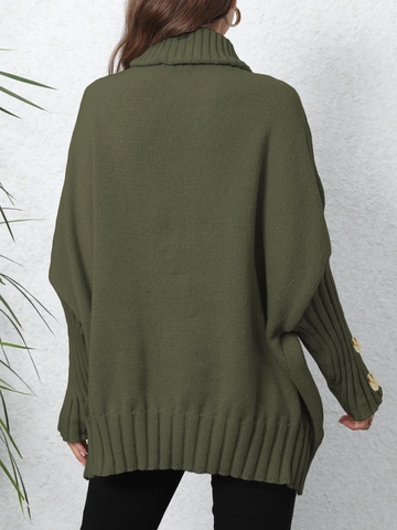 Suéter de Punto de Cuello Alto Holgado para Mujer Manga de Murciélago Botones Puños Oversize Color Sólido Top Invierno