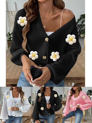 Women's V-Neck 3D Daisy Flower Patchwork Knit Cardigan Casual Loose Long Sleeve Button Down Sweater Top
