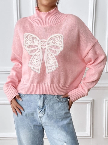 Women Short Top European American Style High Neck Pullover Sweater Bow Patchwork Splicing Knitwear Base Shirt Top
