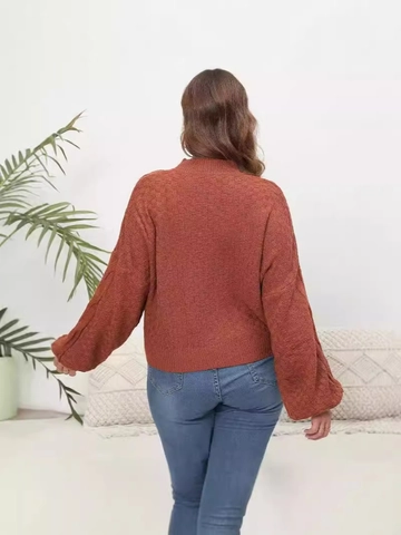 Suéter de Talla Grande para Mujer de Punto de Ocho Cuello Alto Manga Linterna Bordado Floral Aplique Pullover Casual Top