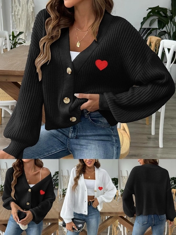Gilet en Maille Décontracté pour Femmes Col en V Avec Patch Brodé Cœur Rouge Manches Longues Haut à Boutonnage Simple