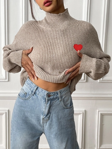Maglione da Donna con Ricamo a Cuore Collo a Lupetto Pullover Marmorizzato in Velluto Casual Maglieria a Maniche Lunghe