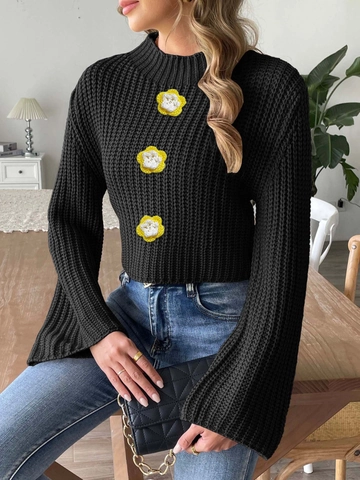 Pull Court en Tricot pour Femmes Manches Évasées Top Court avec Décoration de Tournesol au Crochet Pull Décontracté