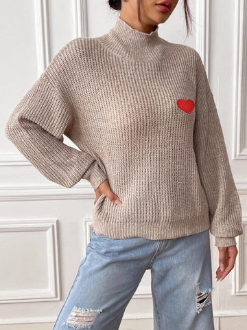 Suéter de Mujer con Parche Bordado de Corazón Cuello Cisne Manga Larga Jersey de Punto Holgado Casual Vellón Jaspeado Invierno
