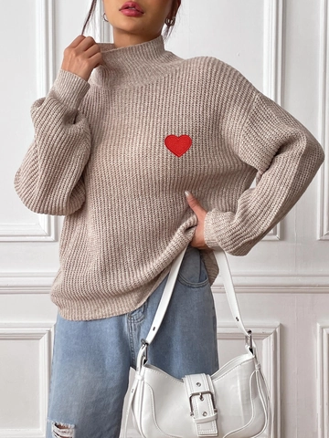 Suéter de Mujer con Parche Bordado de Corazón Cuello Cisne Manga Larga Jersey de Punto Holgado Casual Vellón Jaspeado Invierno