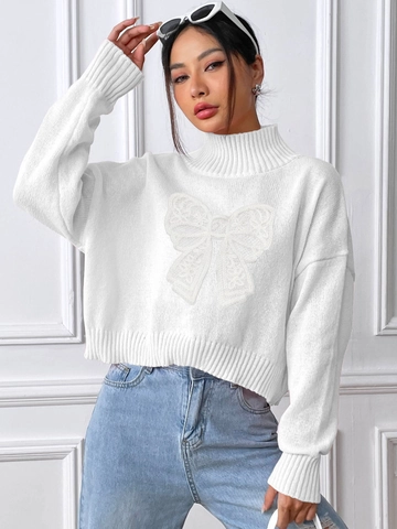 Women Short Top European American Style High Neck Pullover Sweater Bow Patchwork Splicing Knitwear Base Shirt Top