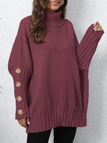 Suéter de Punto de Cuello Alto Holgado para Mujer Manga de Murciélago Botones Puños Oversize Color Sólido Top Invierno