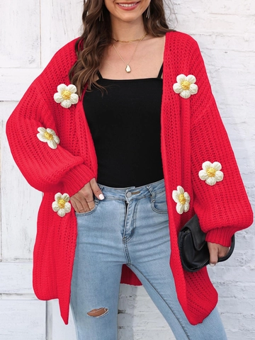 Gilet en Maille Casual Oversize pour Femme Fleurs au Crochet 3D Manches Longues Ouvert sur le Devant Manteau Pull Épais Automne Hiver