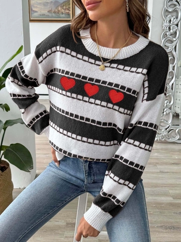 Pull en Maille à Rayures pour Femmes Col Rond Broderie Cœur Pull Manches Longues Couleur Contrastée Top Décontracté