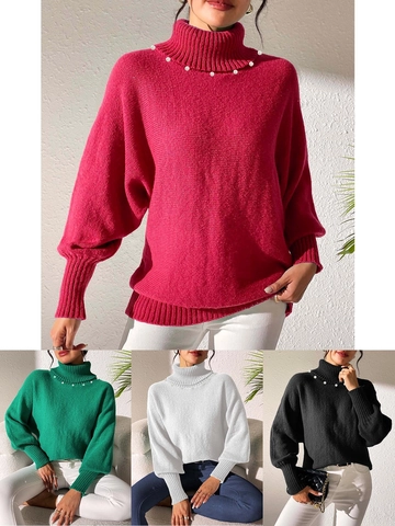Pull en Tricot Élégant à Col Haut Pour Femmes Perla Artificialge de Künstliche Perles Manches Lanternes Couleur Unie Haut Décontracté Automne Hiver
