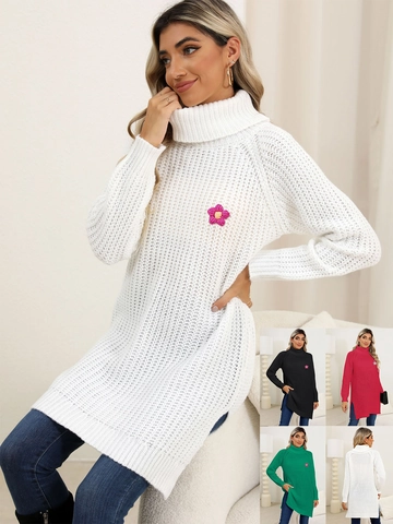 Dames Coltrui Lange Mouwen Grof Gebreide Tuniek Trui Jurk Bloemenborduurwerk Zijsplit Pullover Top Voor Herfst Winter